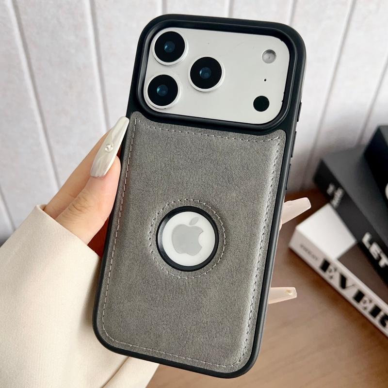 Luxury Leather Hollow Logo Case for iPhone 17 Air 16 15 14 13 12 11 Pro Max 17Promax Business Hard Shockproof Armor Funda Cover