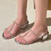 Fashion Silver Rhinestone Narrow Band Heeled Sandals Women Sexy Open Toe Chunky Designer Shoes Elegant Party Dress Shoes Sandalias Mujer