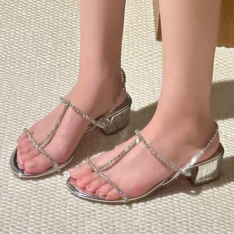 Fashion Silver Rhinestone Narrow Band Heeled Sandals Women Sexy Open Toe Chunky Designer Shoes Elegant Party Dress Shoes Sandalias Mujer