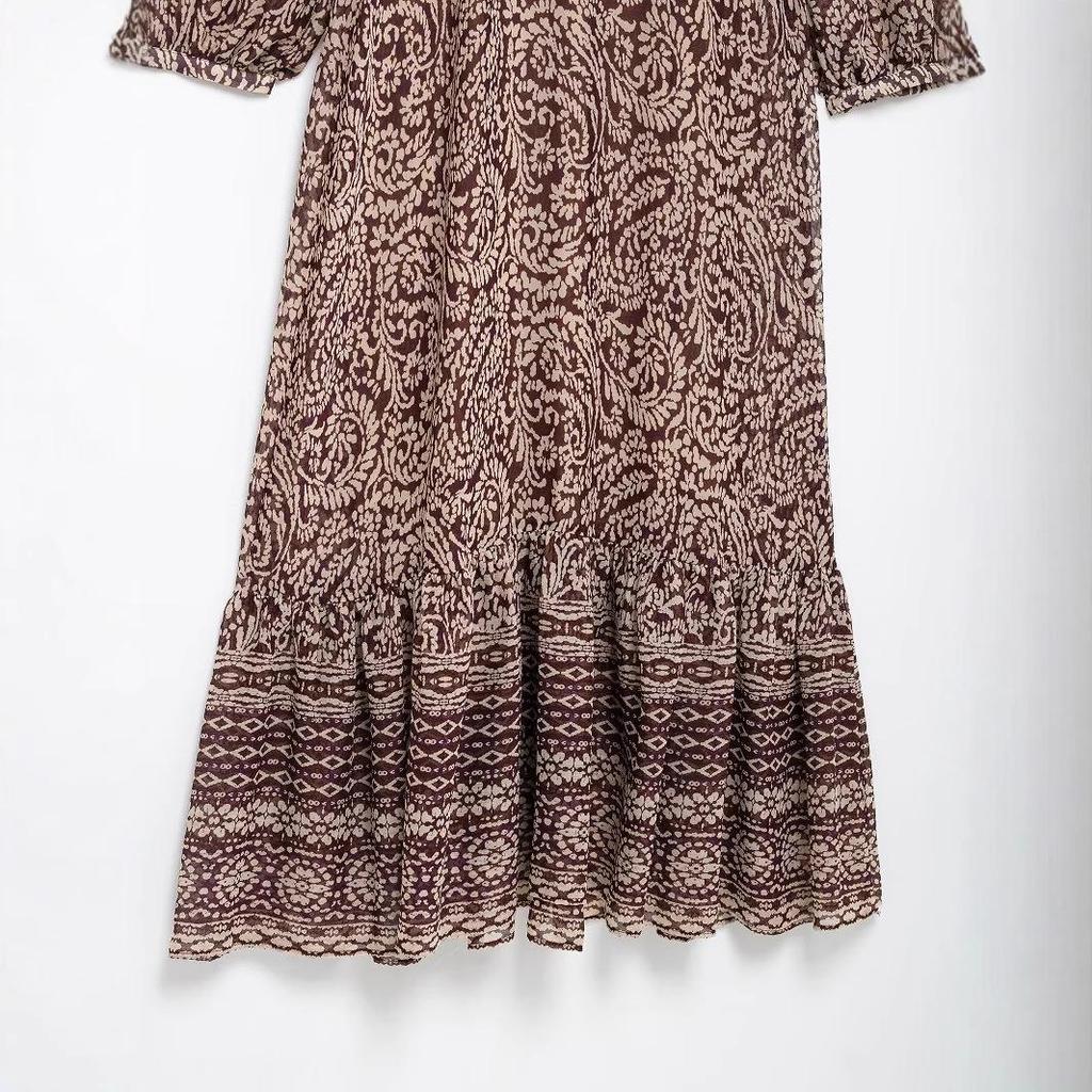 2025 Spring Women's European & American Style Layered Print Midi Dress