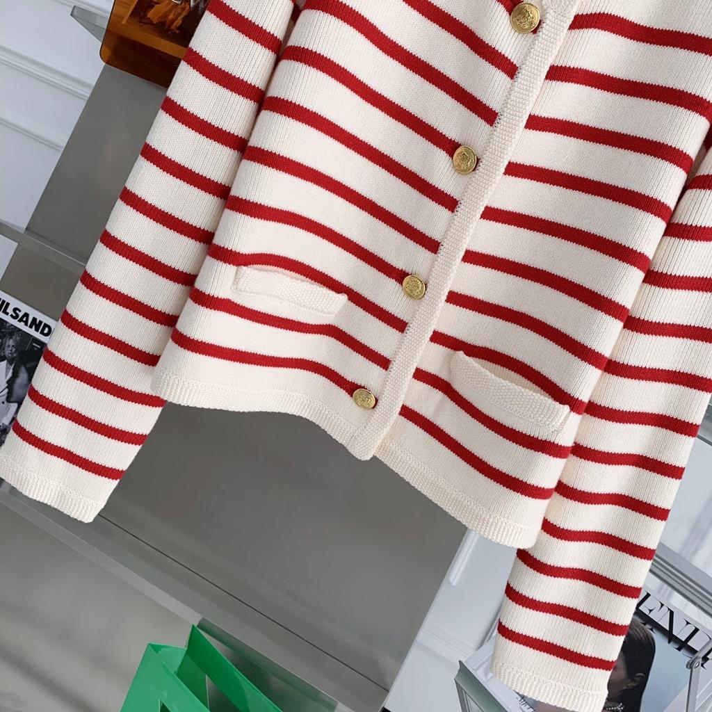 Gold Buckle Contrasting Stripe Round Neck Small Fragrance Style Knitted Cardigan Women's Spring and Autumn French Loose Short Outer Sweater Jacket