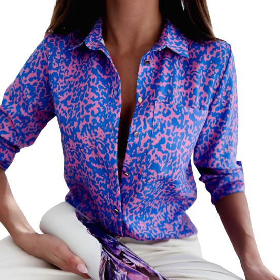 Streetwear Large Size Print Turndown Loose Long Floral Sleeves Elegant Office Collar Button Down Blouse Top