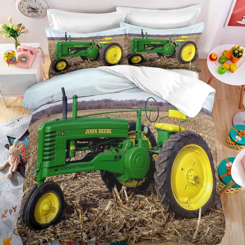 Tractor Bedding Set With Pillow Cover 75X50Cm, Tractor Pattern Boys Quilt Cover Set, Microfiber Comfortable Duvet Cover Set