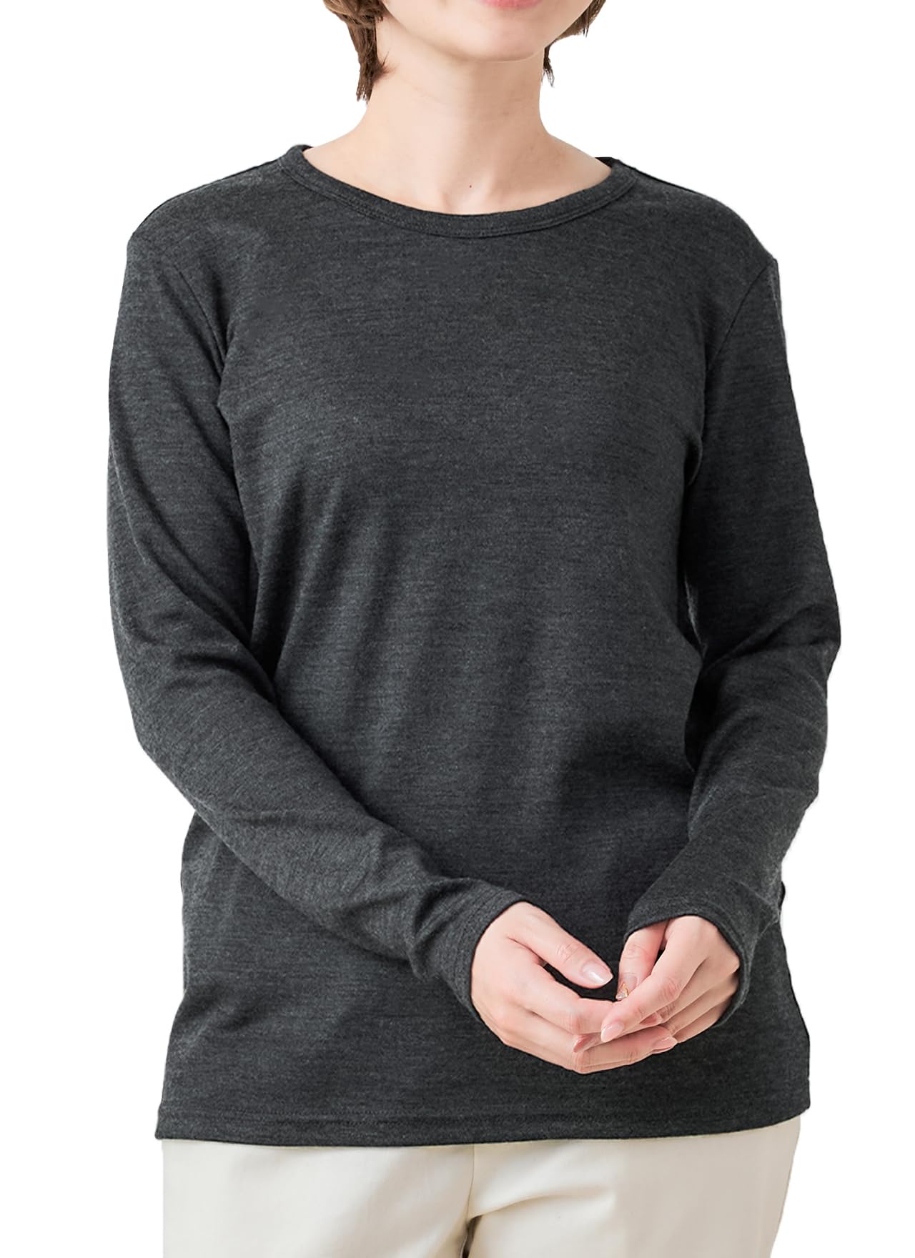 

910 Merino Wool Crew Neck Made in Japan Cut and Sewn Super 120 Long Sleeve Inner Base Layer Underwear Mountaineering Plain D [SPAN] T-Shirt Women s