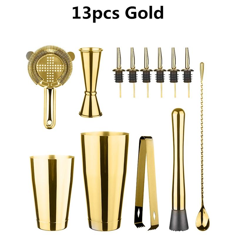 Koktejl Shaker Bar Set: 2 vážené Boston shaker, cedítko na koktejly, odměrka, muddler a lžička, kleště na led a 6 nalévátek na lahve