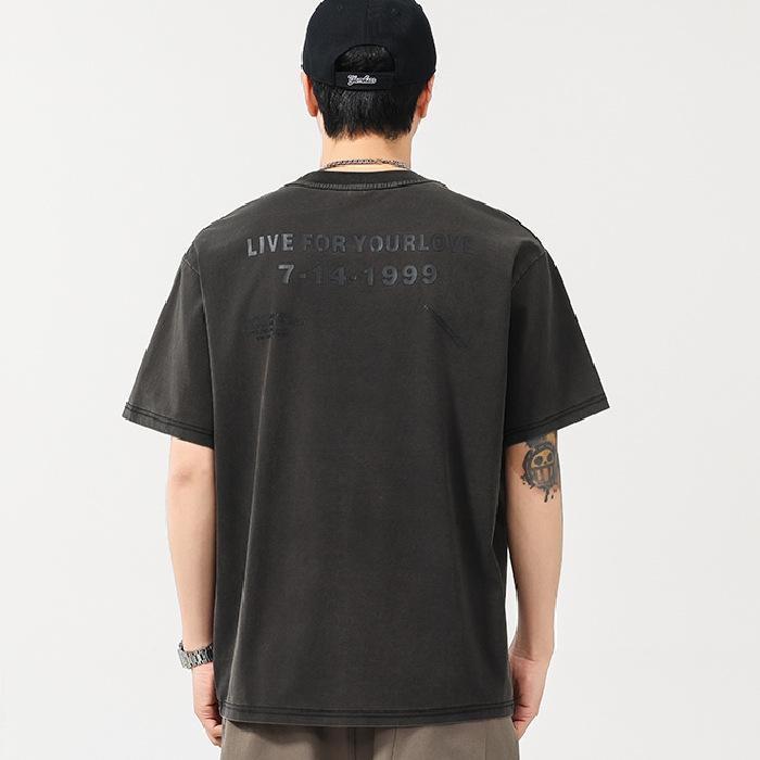 Summer Thin 250g Men's Retro Back English Design Trendy Round Neck T-shirt Short Sleeves