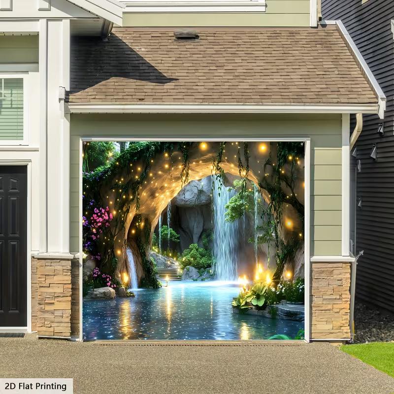 2D Fantasy Cave Waterfall Garage Door Tapestry Enchanted Forest Background Cloth