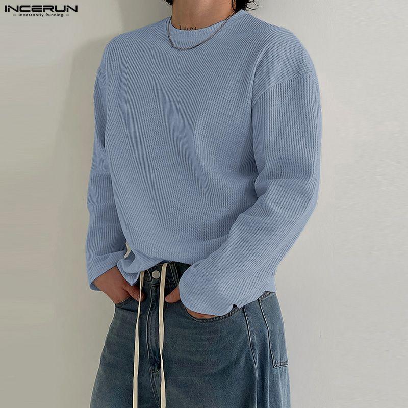 INCERUN Men Round Neck Long Sleeve Texture Casual Tops T-shirts