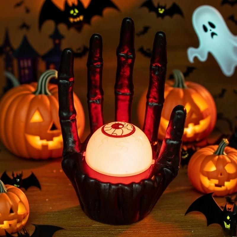 1-10PC Lighted Halloween Ghost Hand Holding Eyeball Pumpkin Battery Operated Lamp Scary Haunted House Trick or Treat Party Decor