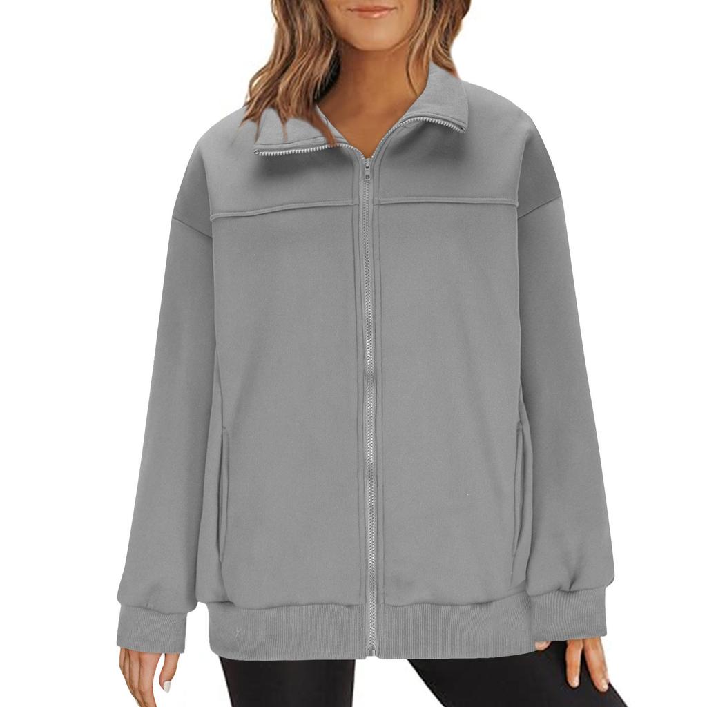Damenmode Reißverschluss Hoodie Langarm Kapuzenpullover Sweatshirt Lässige einfarbige Oberteile mit Taschen