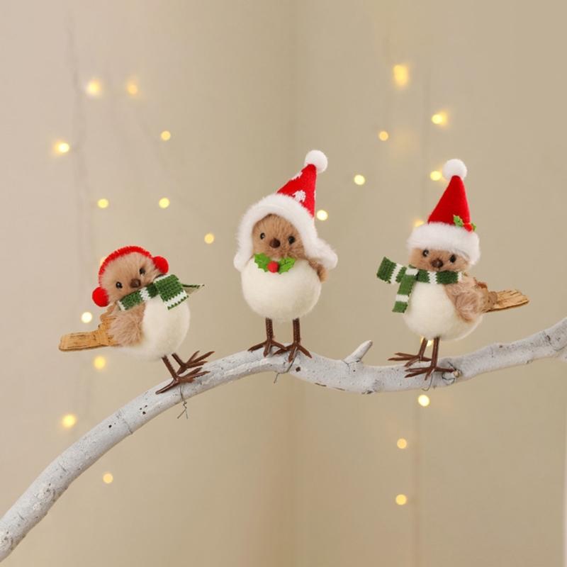 Soft Fabric Christmas Bird Ornament for Tree Shelf or Desk Display, Holiday Accent with Ready to Place Styling