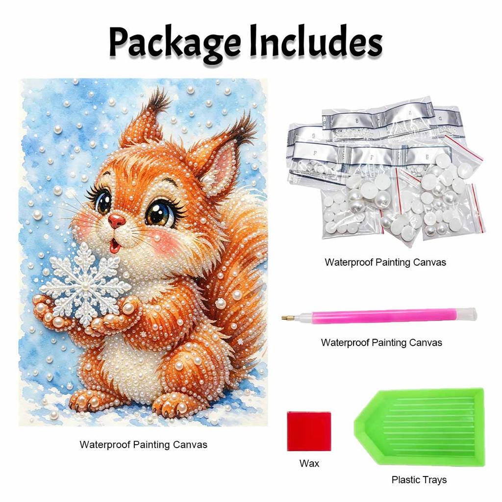 Handmade Framed Pearl Painting Set with Cute Squirrel Holding Snowflake Design 5D Shiny Bead Art Canvas Creative Craft for Room Decor