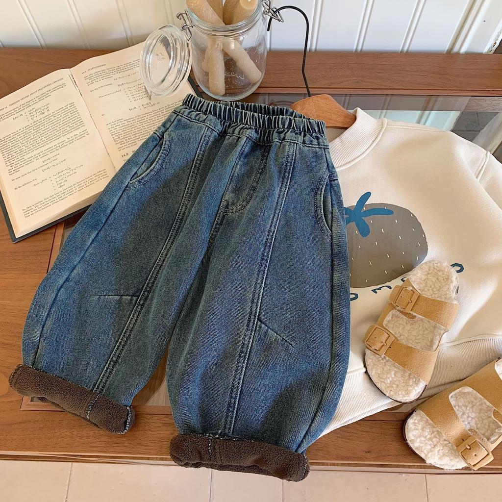Children's Jeans 2024 Winter New Boys' Korean Style Simple All-match Baby Fleece-lined Trousers