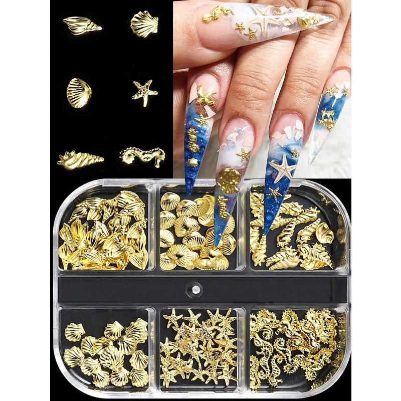 6 Grids/box Shell & Starfish Nail Art Decorations, Creative Metal Nail Accessories DIY, Summer Nail Jewelry, Nail Art Supplies