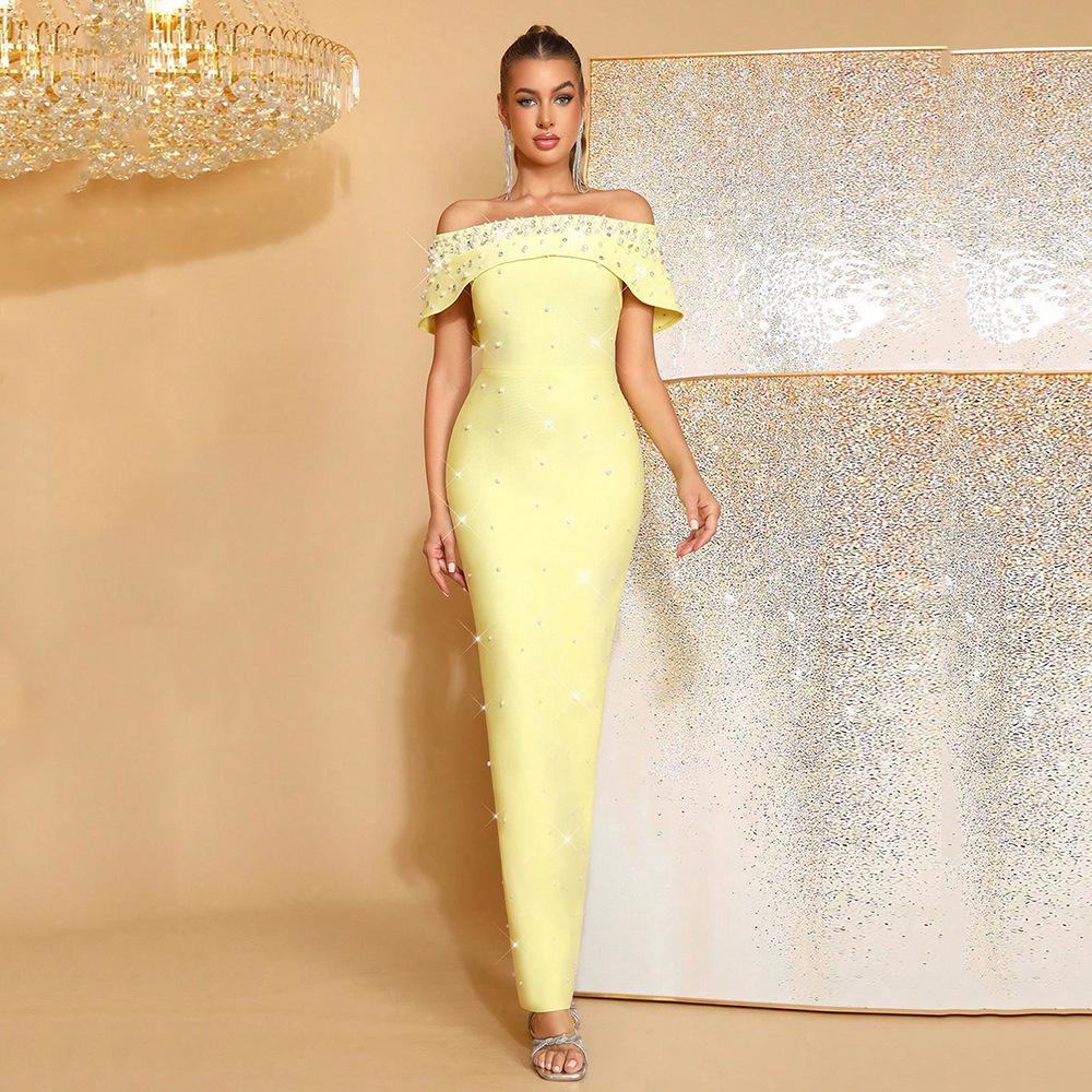 

Elegant Pearl Beaded Rhinestone Off-Shoulder Bodycon Bandage Evening Dress S жовтий