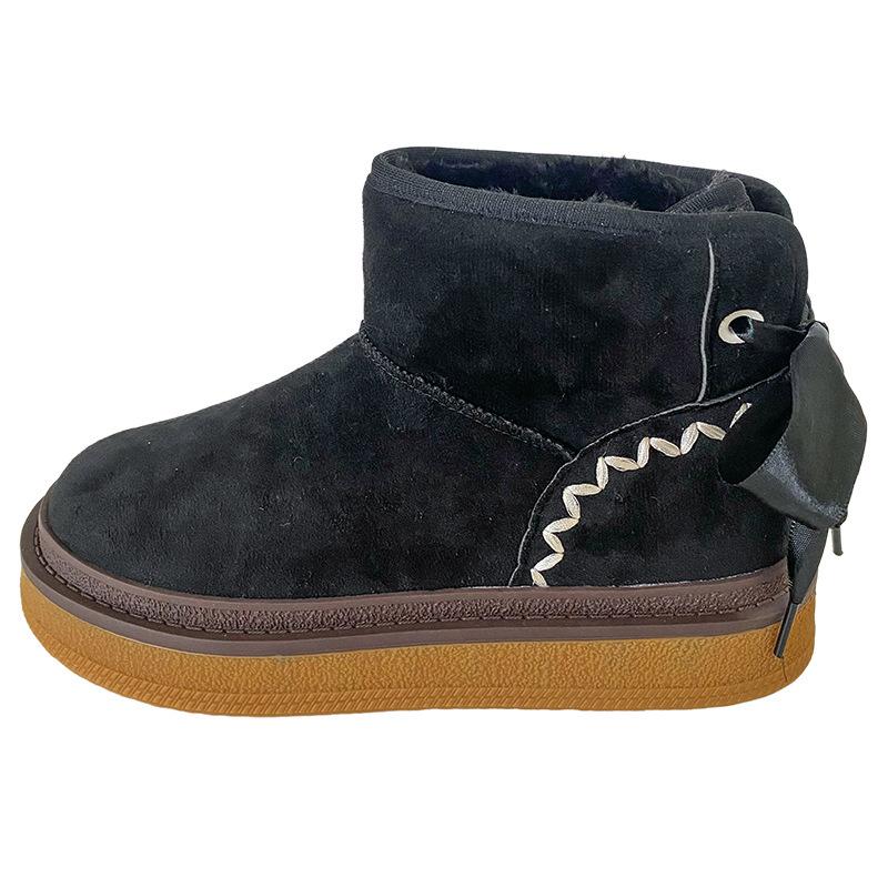 

LZ6036 зимние ботинки на толстой подошве с бантом женские ботинки 2024 новые зимние теплые женские ботинки с круглым носком ретро хлопковые ботинки 35 чёрный