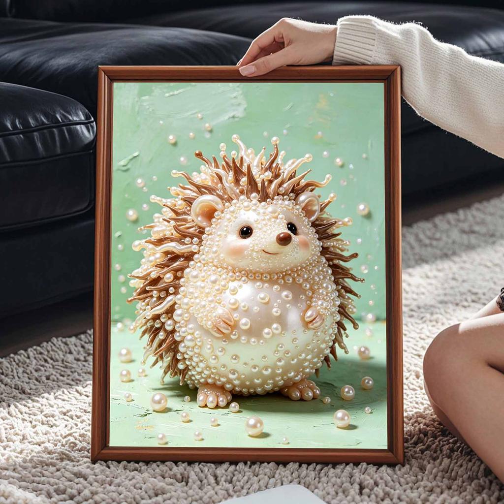 5D Framed Pearl Painting Kit Cute Little Hedgehog Sparkling Bead Art Canvas Ready to Display Romantic Home Decor Gift DIY Wall Art Craft Project