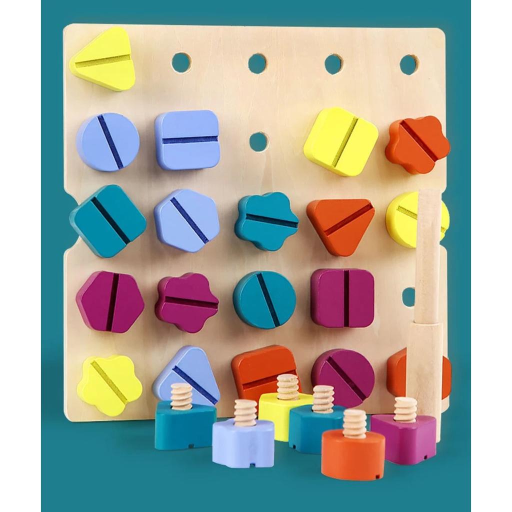 Kids Montessori Screw Driver Board Wooden Toys Basic Skills Learning Color Shape Sorting Matching Game Educational Cognitive Toy