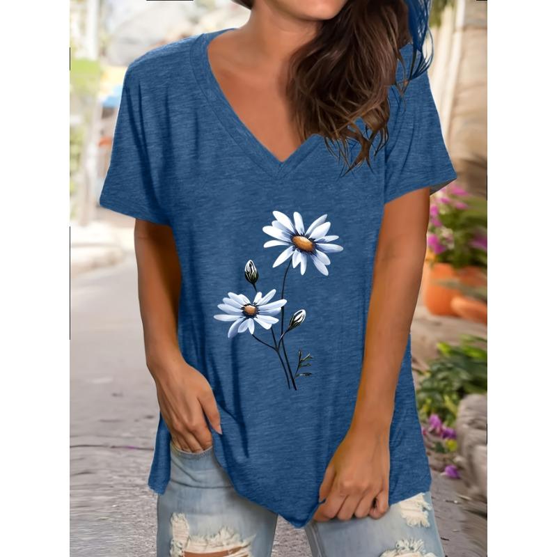 Spring and summer style, casual positioning flower print, V-neck short sleeved loose top, base short sleeved T-shirt S