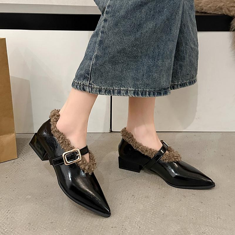 Women's Single Boots Winter New Mid-heel Pointed Plush Buckle Leather Boots Fashion Comfortable Increase Wear Oxford Shoes
