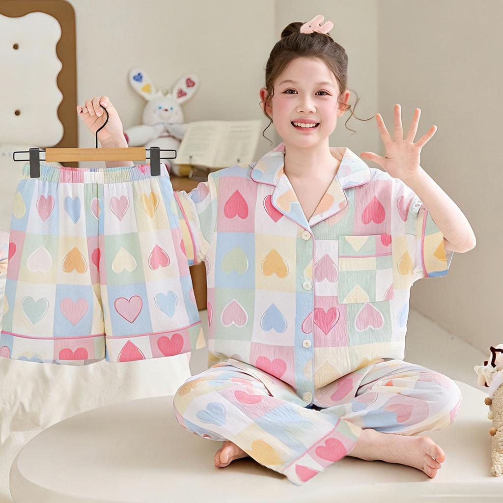 Girls' Summer Pajamas: Ice Silk 3-Piece Set, Breathable & Lightweight for Medium and Large Kids, 2026 New Style