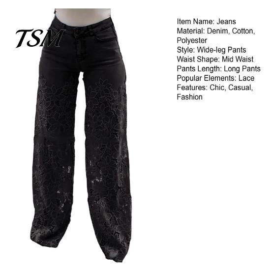 Jeans Versatili da Donna Patchwork di Pizzo da Donna Borsa Casual Ampia Gamba Dritta Larga Spandex per Pantaloni in Denim Vita Media Floreale Traforato Flessibile