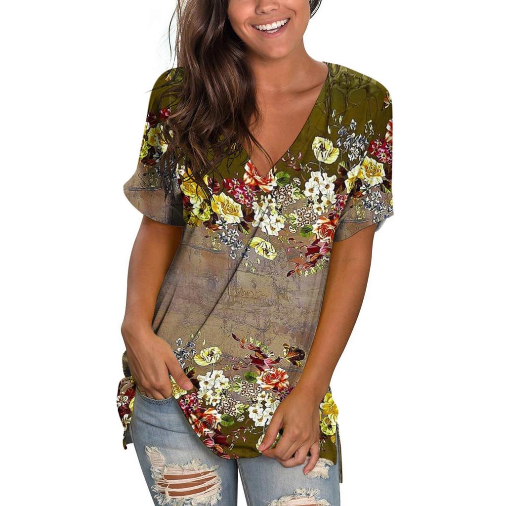 Summer V-neck 3D Coconut Tree Flowers Printed Top Fashionable Casual Short Sleeved Women's T-shirts