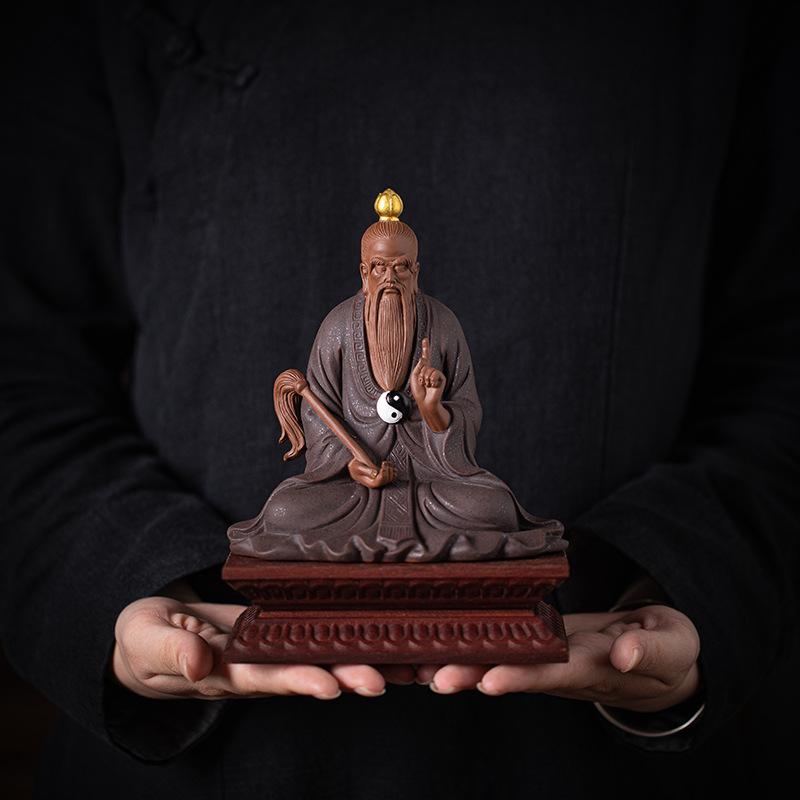Ceramica Taishanglaojun Yuan shi Tianzun Statua Figura Taoista, Sabbia Viola Scultura Fatta a Mano Casa Stanza Ufficio Statuette Feng Shui