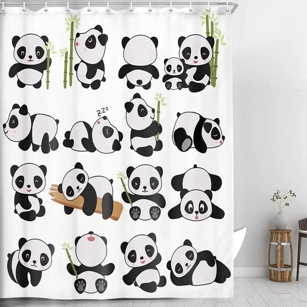 Panda Bamboo Shower Curtain, Cartoon Funny Cute Blue Sky Rainbow Kids Bamboo Forest Animals Birds, Bathroom Decorative Fabrics
