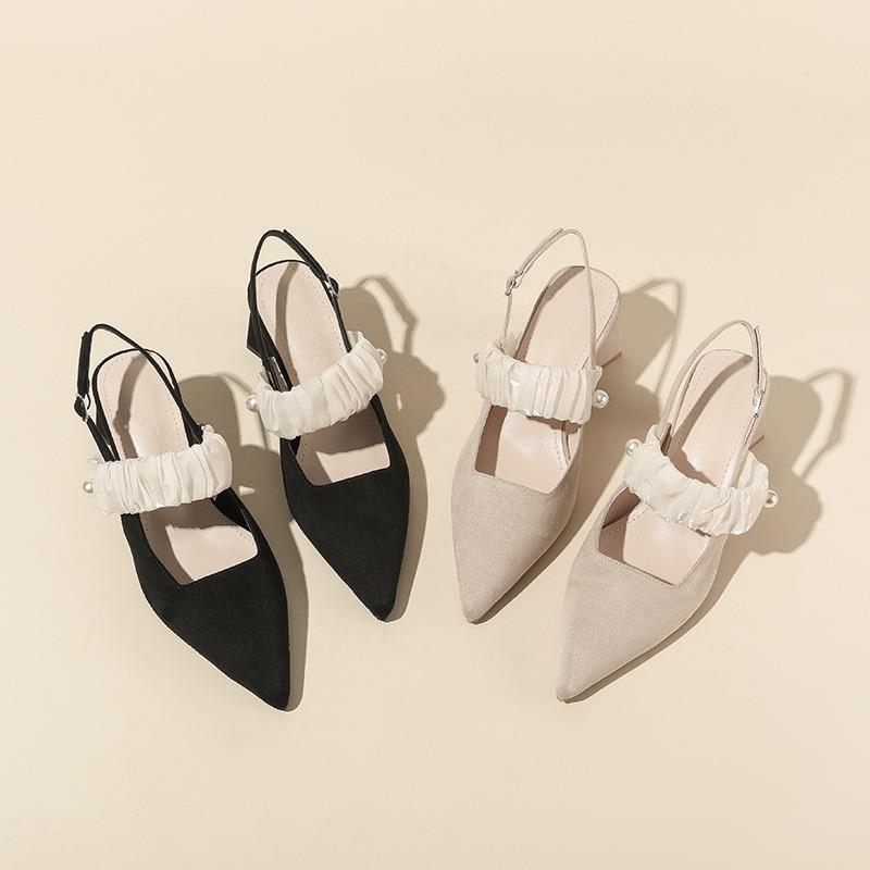 Black High Heels Women's Summer Shallow Mouth Pointed Head Commuting Thick Heel Bag Head Sandals Women's French Style