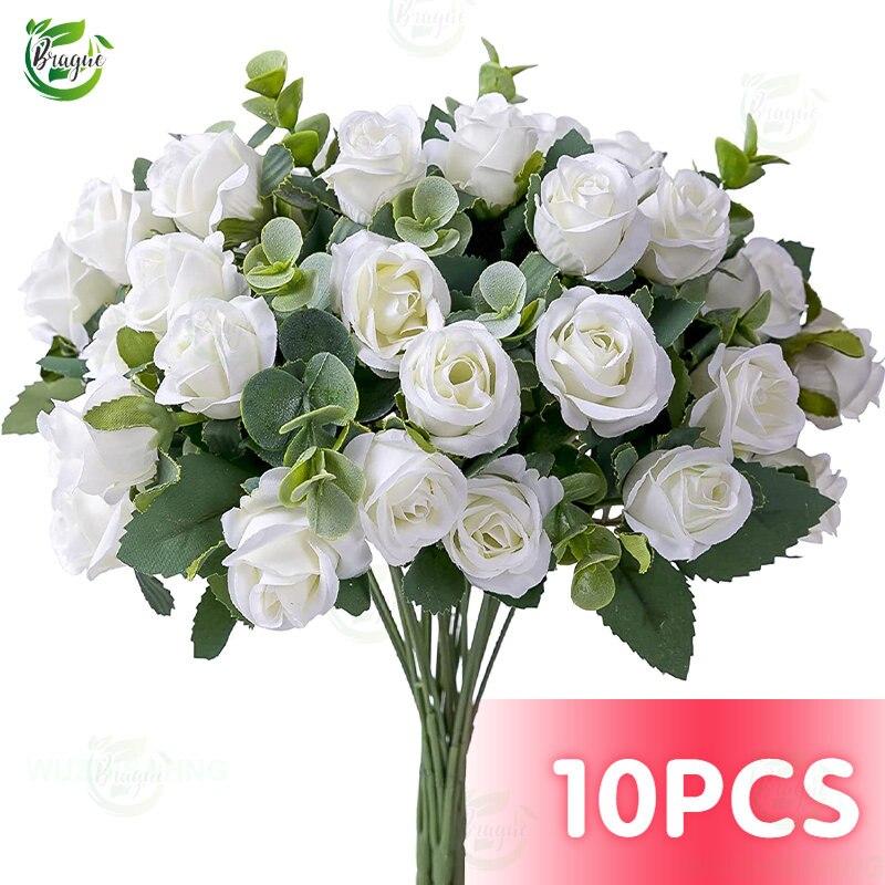 Głowy sztuczny kwiat jedwabna róża biały liście eukaliptusa bukiet piwonii sztuczny kwiat na stół weselny Party wazon Home Decor