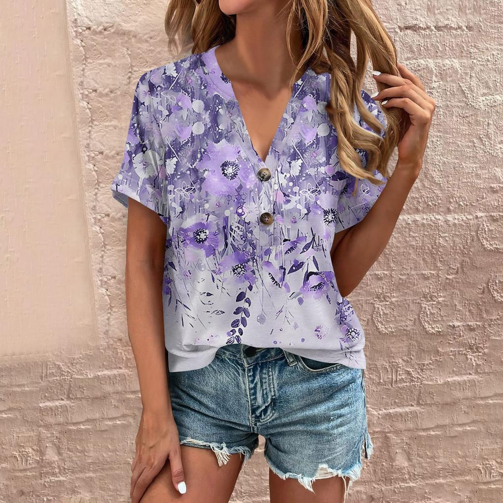 Short Sleeve Womens Tops  Floral Print Vintage Fashion Casual Loose With V Neck Plus Size Shirts