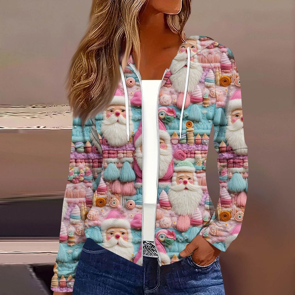 Women's Fashion Christmas Print Casual Zip-Up Long-Sleeved Hooded Jacket