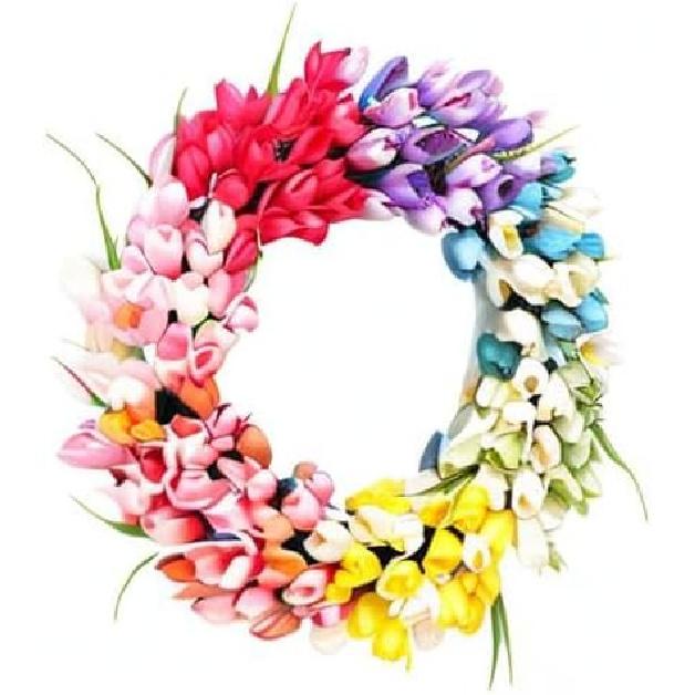 

BTPOUY 18,5-дюймовый радужный тюльпановый венок для входной двери Искусственный/шелковый венок из тюльпанов, разноцветный