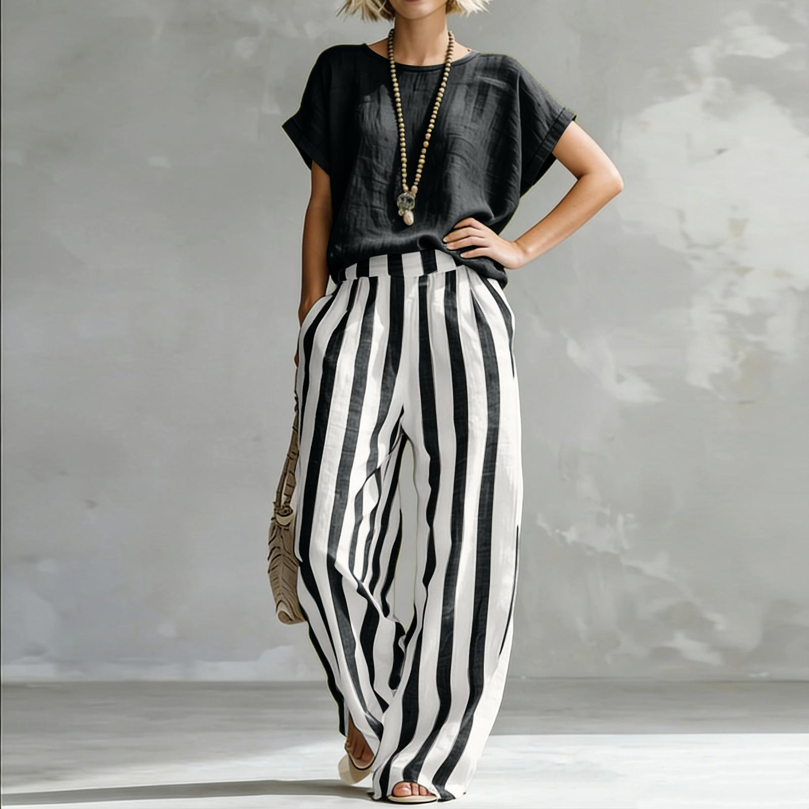 Women s Color Striped Casual Fashion Pocket Cotton And Linen Two-piece Set L чёрный