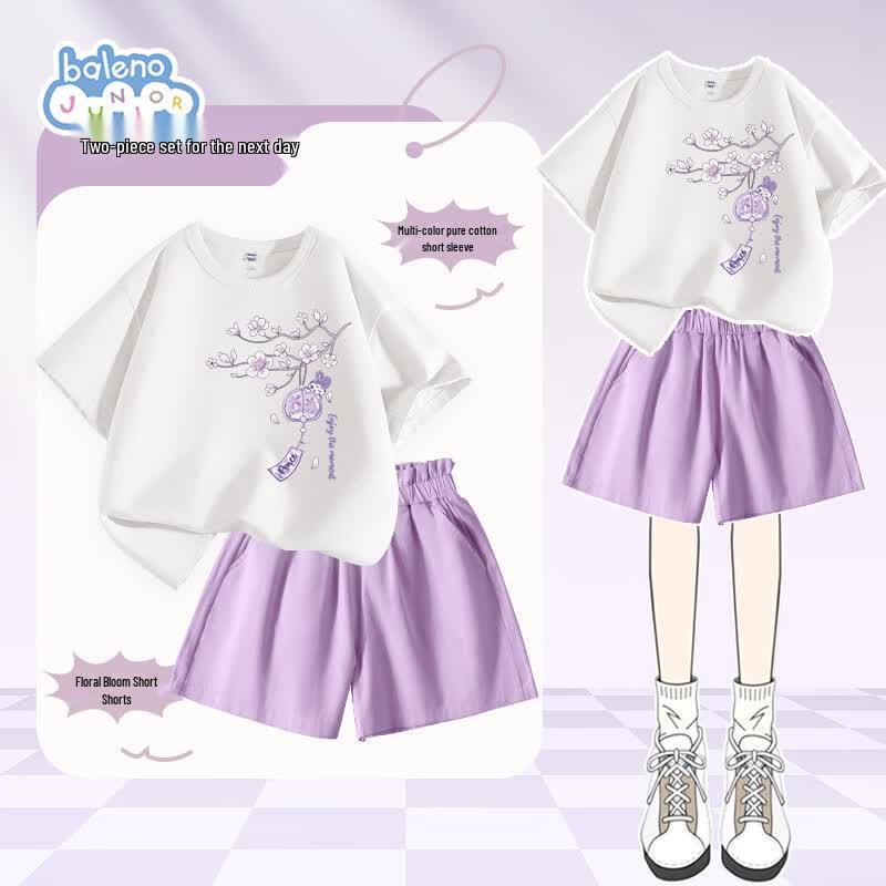 Baleno Girls  Summer Breathable T-Shirt & Petal Waist Shorts Set 140