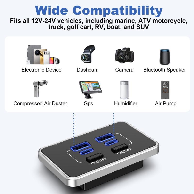 4-Port 12V Rv Usb Outlet 78W Dual Pd Type-C & Qc 3.0 Panel Wall Mount With Switch Quick Charge Adapter For Marine Bus Atv Truck