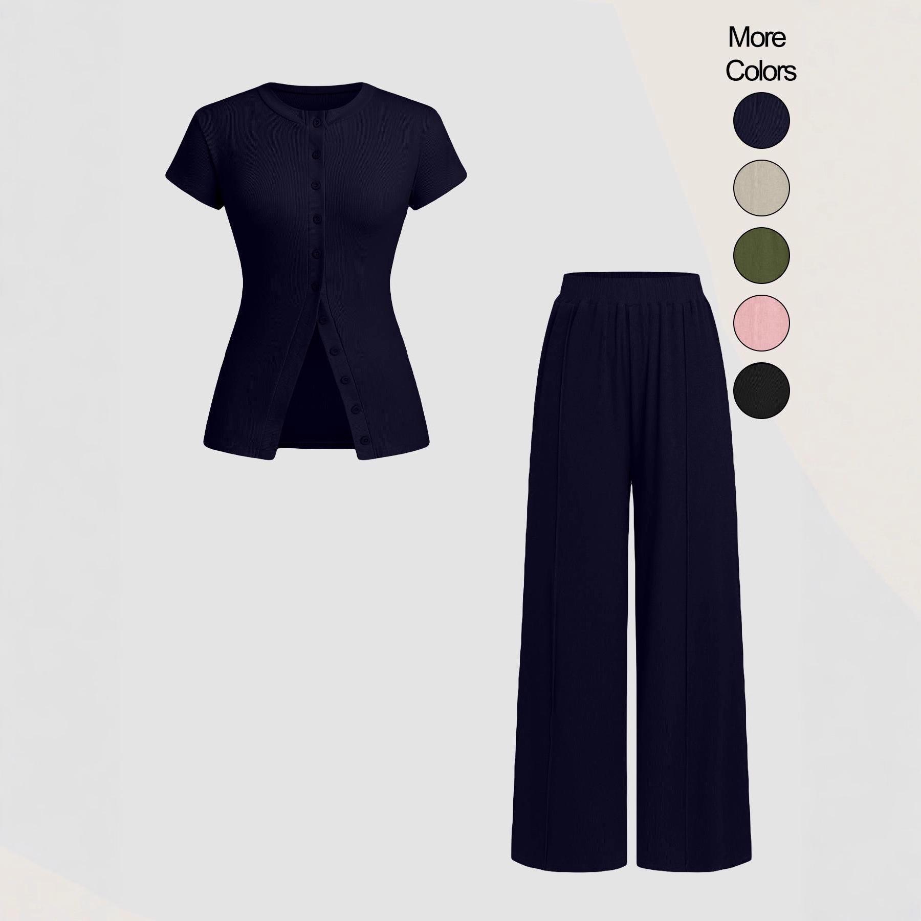 Летний Евро-Американский Комплект: Топ с Пуговицами и Брюки, Круглый Вырез, Приталенный S