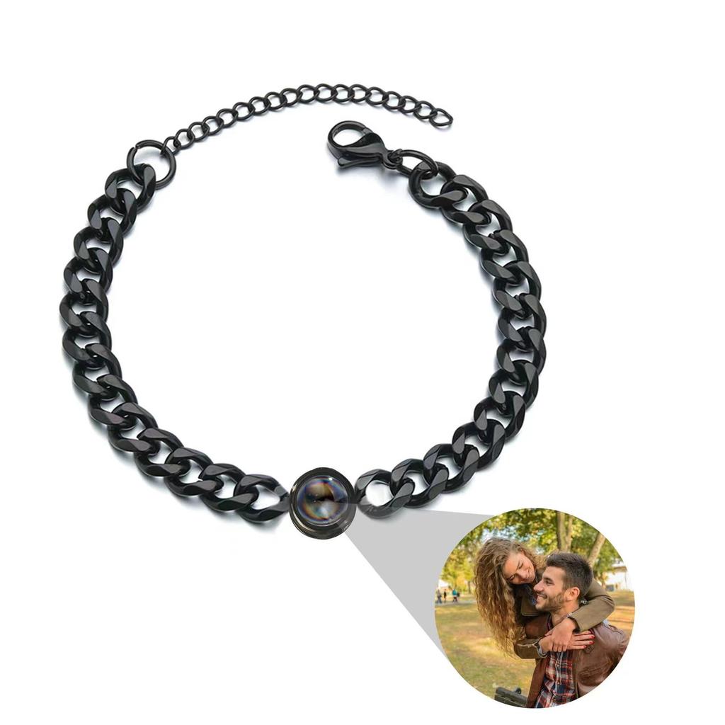 Projection Titanium Steel Couples Bracelet Set: 100 Languages Personalized Photo Text for Men & Women