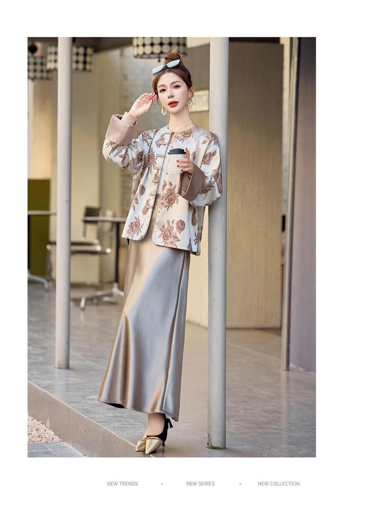 Women's 2025 Spring Floral Frog Button Jacket - Round Neck, Loose Fit, Chinese National Style