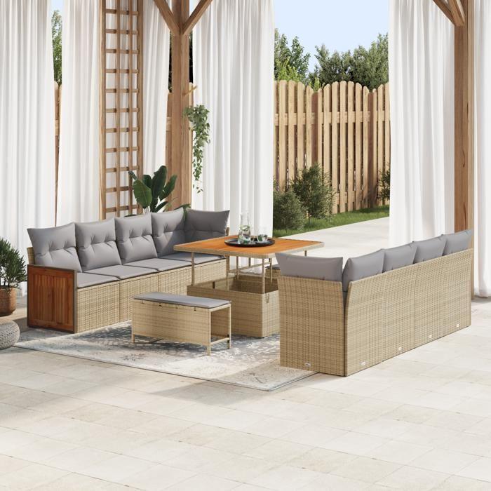 Ensemble de Canapés de Jardin de 11 pièces avec Coussins Beige en Rattan Synthétique Acacia 3363287