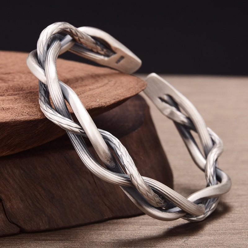 Retro Braided Open Bangle: S925 Silver Plated Unisex Bracelet - Trendy Heavy Industry Design