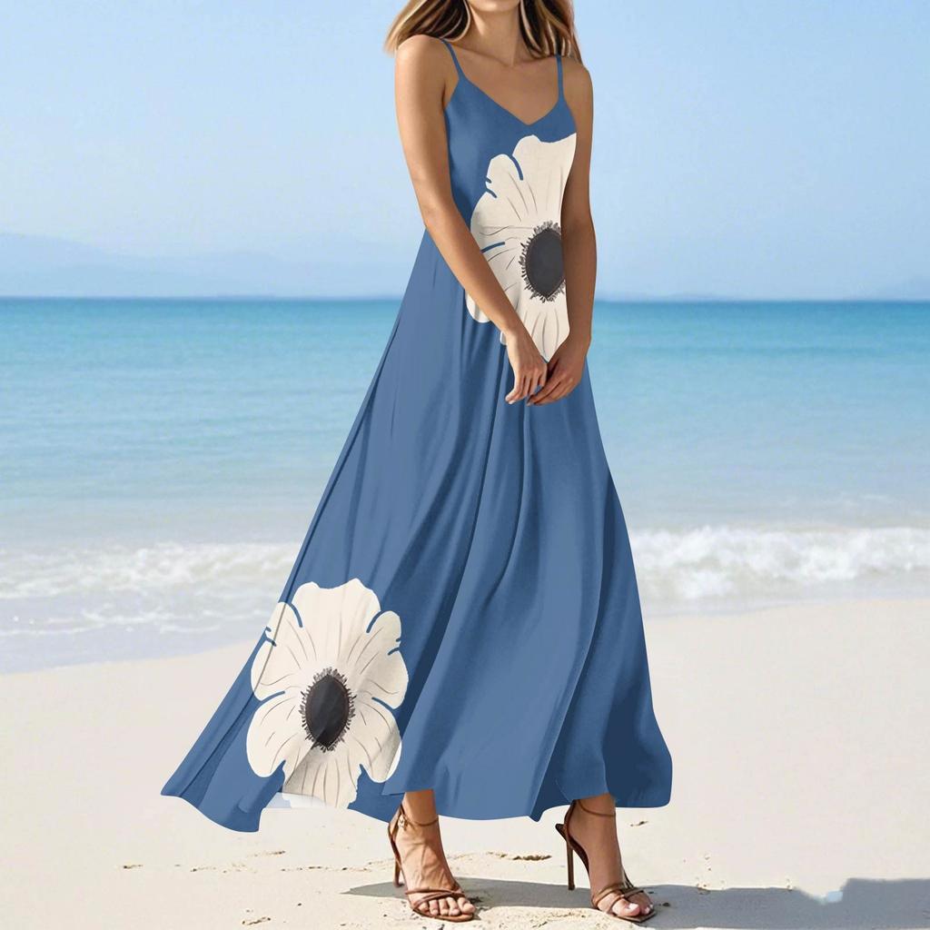 Robes d'été décontractées à imprimé floral pour femmes, col en V, sans manches