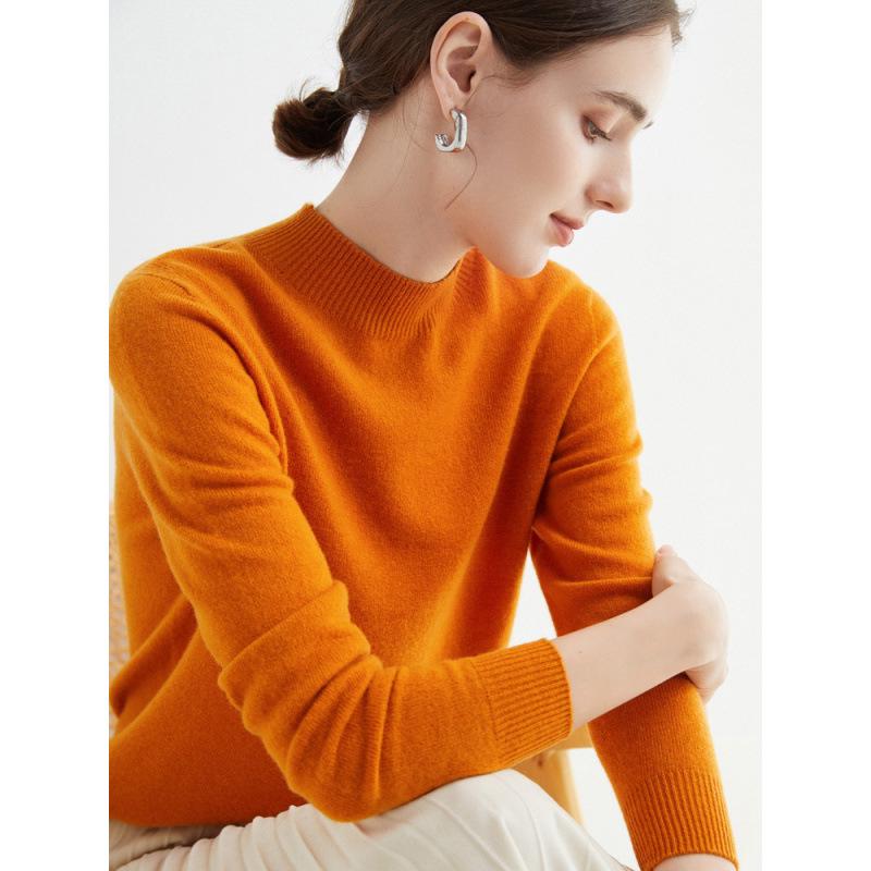 Women's Slim-Fit Autumn Sweater, Fashionable Half-High Neck, Versatile Pure Wool for Layering or Outerwear, Skin-Friendly.