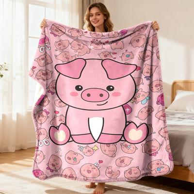 Custom Cute Pink Pig Fleece Blanket Personalized Name Text Cartoon Animal Print Throw Soft Warm All Season Bedding Gift