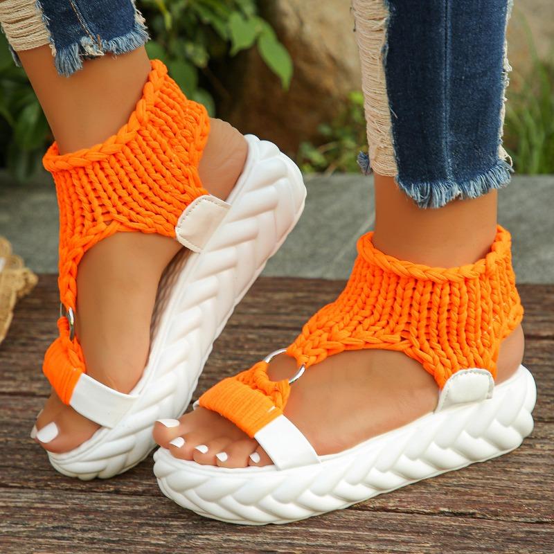 

Summer new thick-soled casual muffin one-word women s sandals lightweight open-toed wool round buckle women s sandals 35 оранжевый