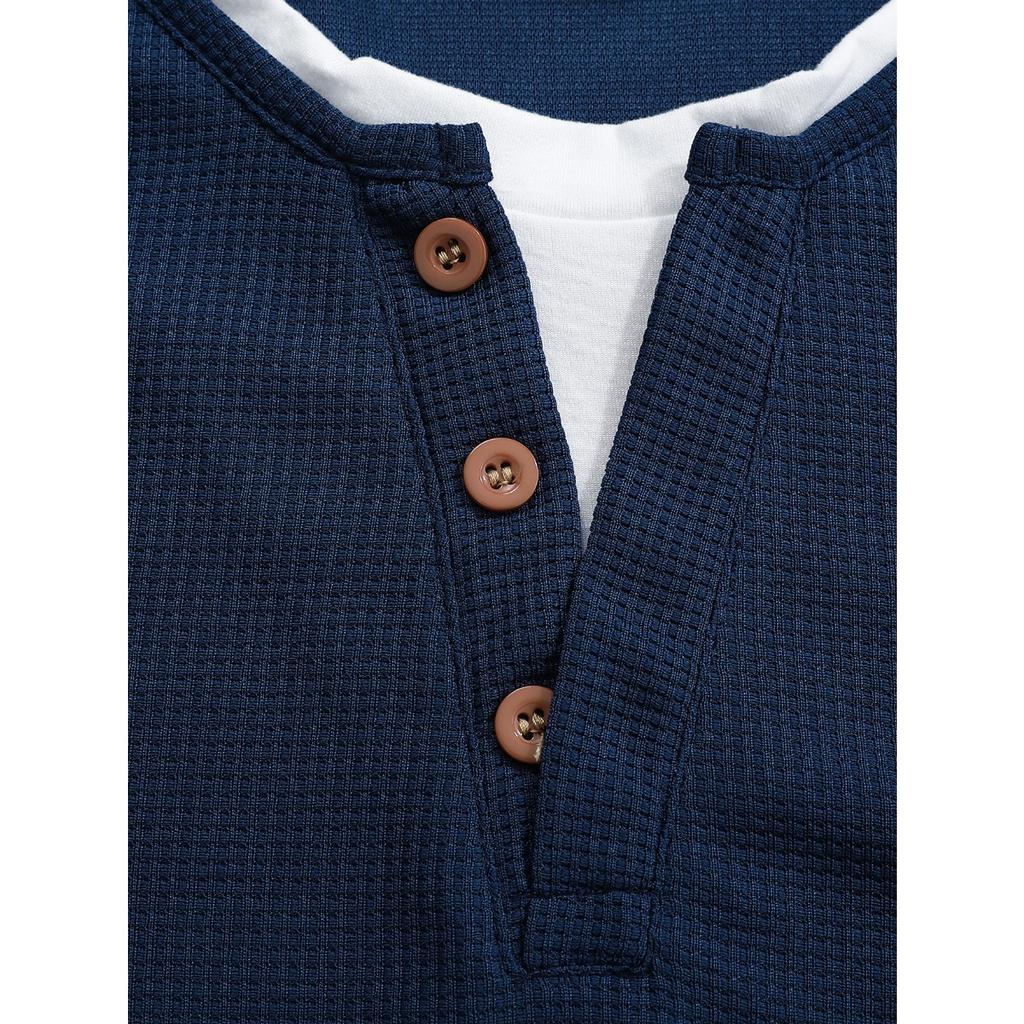 Men's Button Henley Neck Shirt Long Sleeve Casual Button Solid Color T-Shirt Waffle Cotton Fake Two-piece T-Shirt