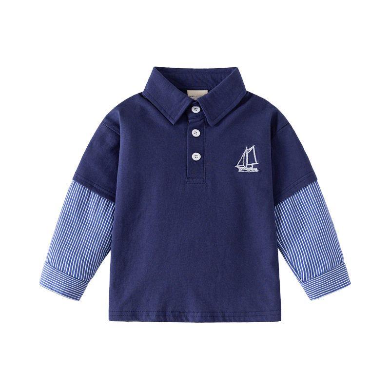 Boys' Sailing Label Polo Shirt Long Sleeves T-shirt Spring and Autumn Kids Lapel Underwear Blouse Baby Fake Two-Piece Tops