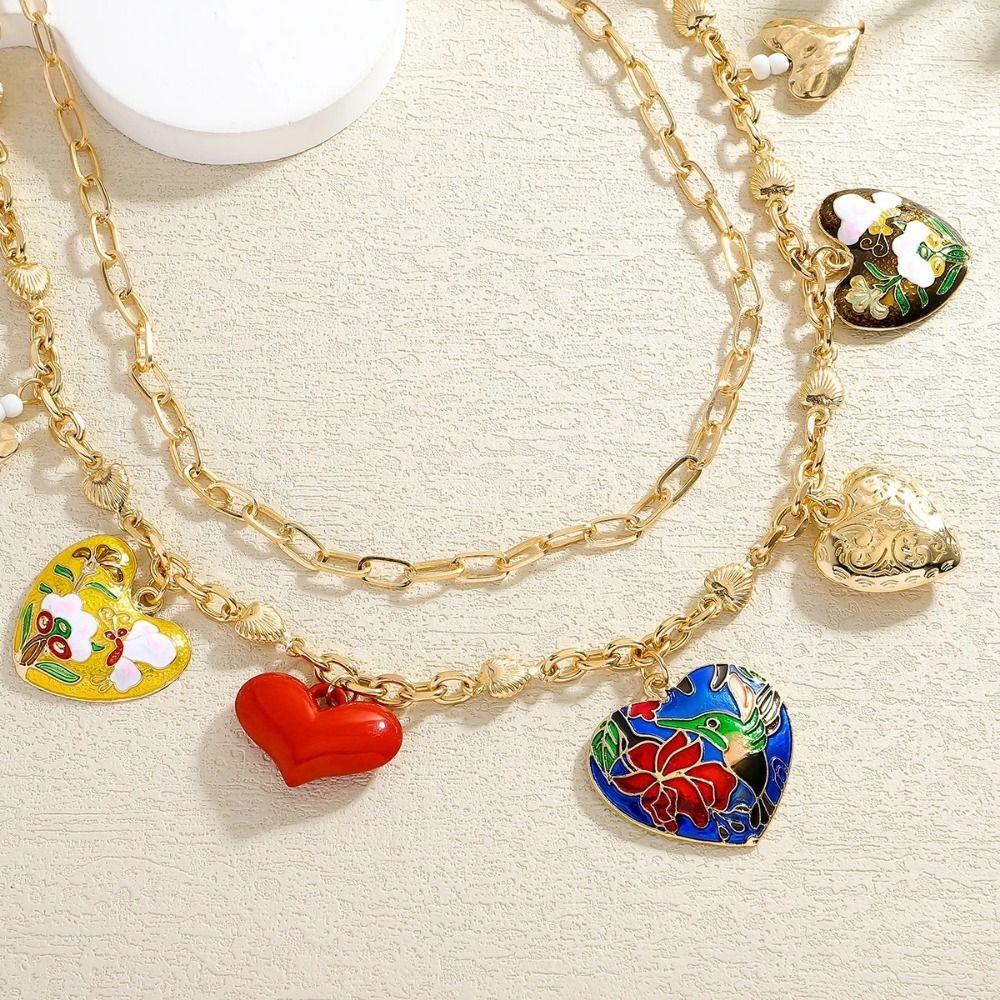 Tropfendes Öl Großes Herz Anhänger Halskette Blume Schlüsselbeinkette Doppellagige Halskette Party