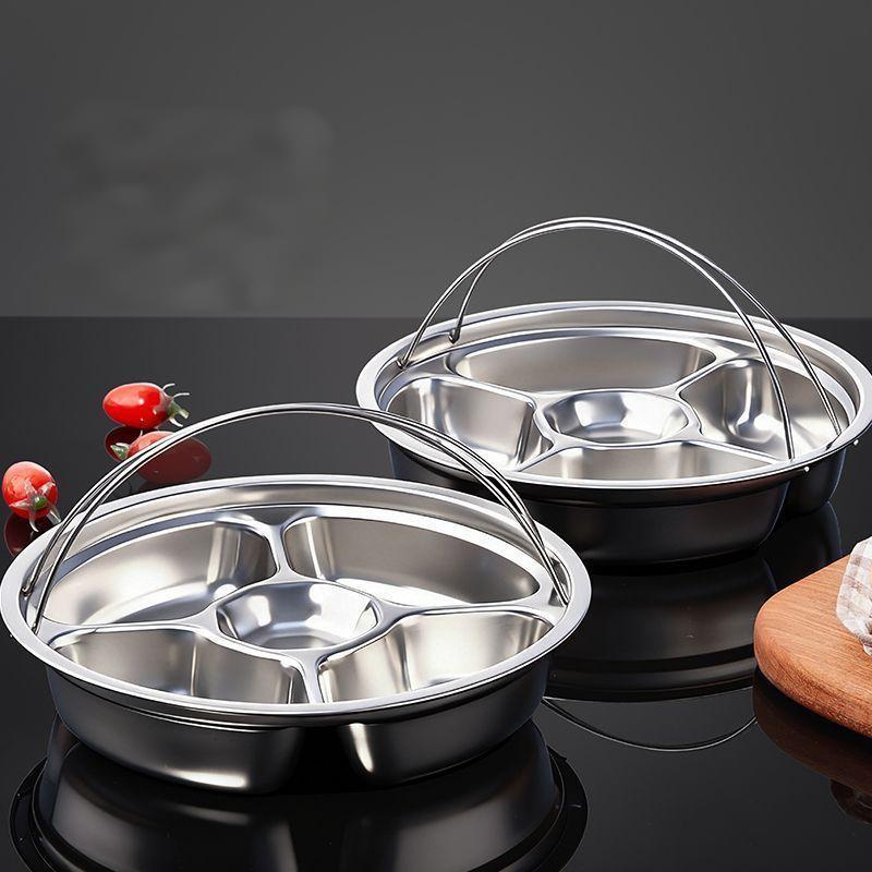 Stainless Steel 5 Compartment Steaming Plate With Handle Divided Food Tray Round Serving Plate For Home Kitchen Meal Prep